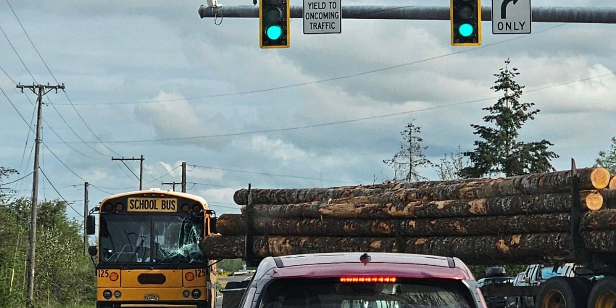 Log falls from Truck, Crashes into Eugene School Bus—Driver injured