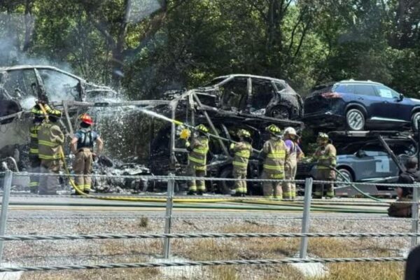 Georgia driver injured after car hauler catches fire on I-24 in Marion County
